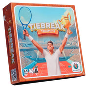 Tiebreak Triumph - Square board game box with an orange border featuring a victorious tennis player holding a racket and trophy on a tennis.
