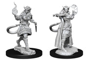 D&D Nolzur's Marvelous Miniatures: Tiefling Sorcerer Female - Unpainted female tiefling sorcerer figurine with curved horns, holding a flame in one hand and a magical orb in the other,.