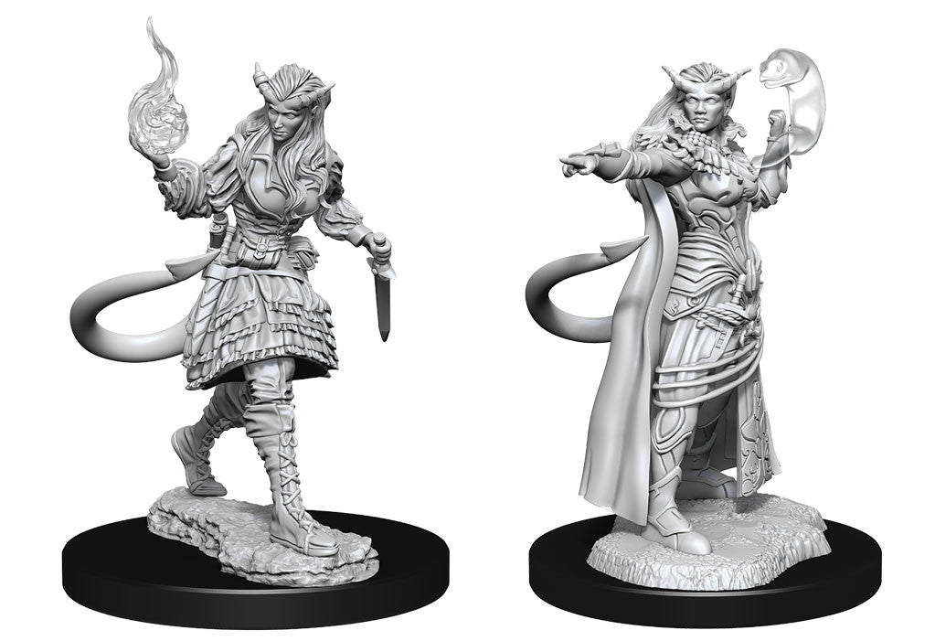D&D Nolzur's Marvelous Miniatures: Tiefling Sorcerer Female - Unpainted female tiefling sorcerer figurine with curved horns, holding a flame in one hand and a magical orb in the other,.