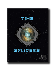 Time Splicers (PREORDER) - Black card game box with blue pixelated text reading "Time Splicers" and a central gear-shaped design featuring a glowing.