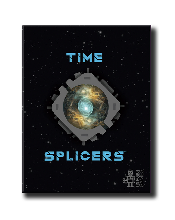 Time Splicers (PREORDER) - Black card game box with blue pixelated text reading "Time Splicers" and a central gear-shaped design featuring a glowing.