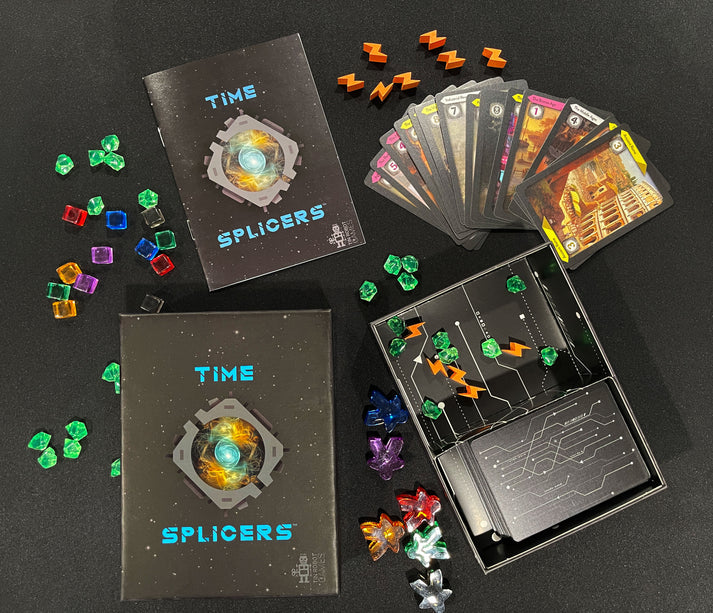 Time Splicers (PREORDER) - Card game Time Splicers with black box, vibrant cards, colorful gem tokens, and orange lightning-shaped pieces on black.