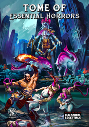 Old-School Essentials: Tome of Essential Horrors - RPG book cover with fantasy warriors battling monsters in a dark, rocky environment under a stormy sky.