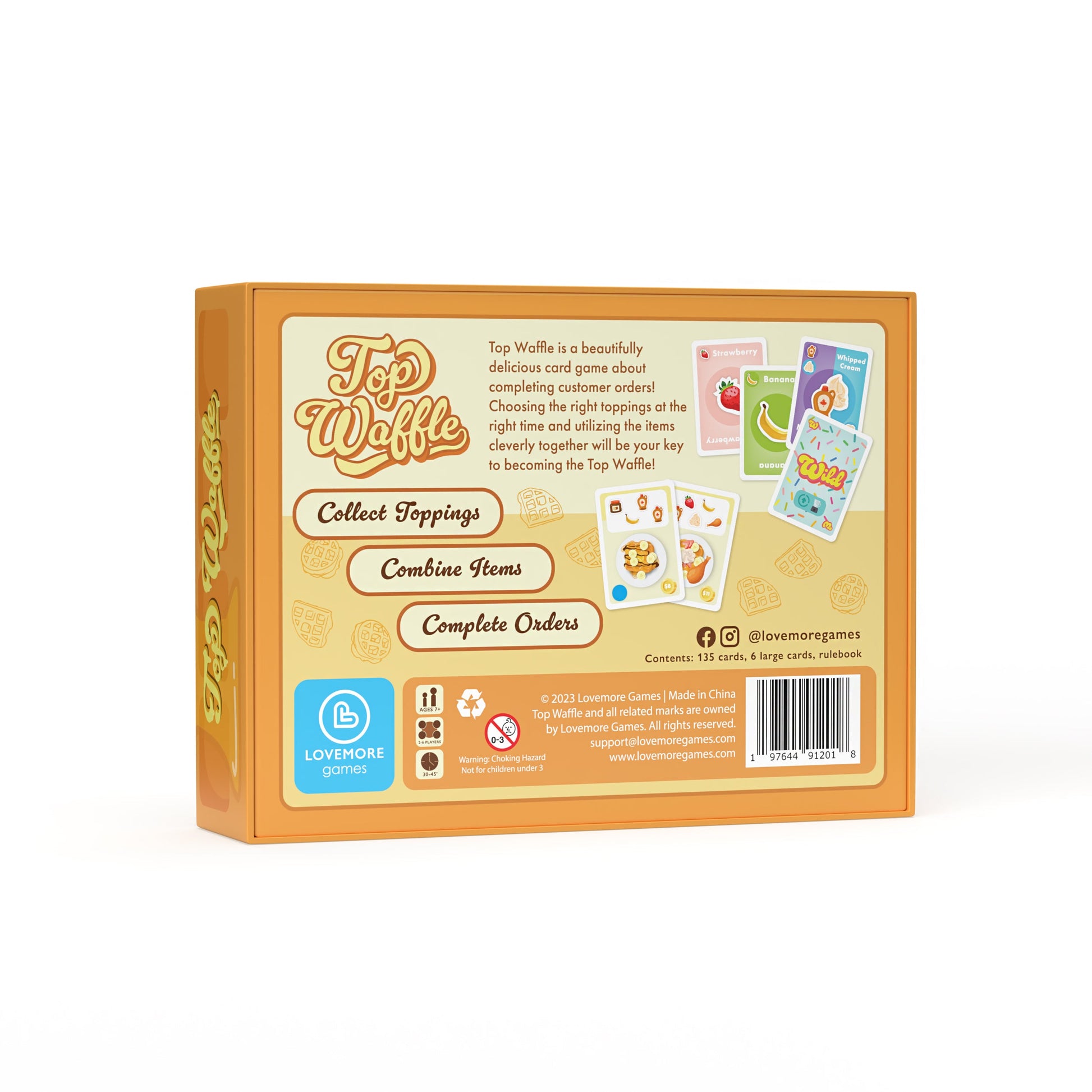 Top Waffle - Orange rectangular box with card game Top Waffle branding, colorful illustrated cards, and product details on back panel.