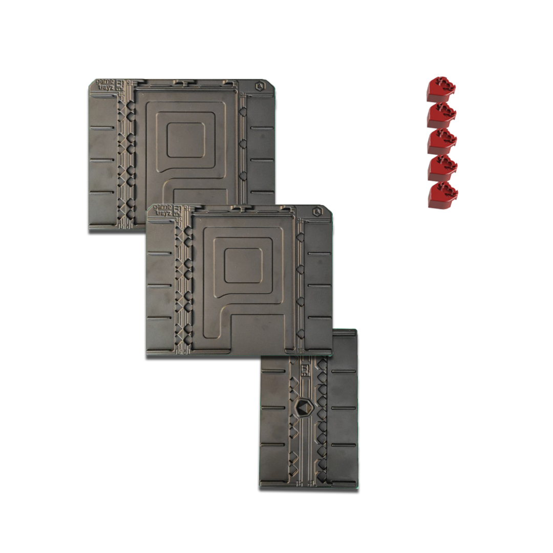 Chronicles of Drunagor: Age of Darkness - Hero Trayz (PREORDER) - Set of three dark gray modular plastic trays with sci-fi panel designs and six small red dragon-shaped game pieces.