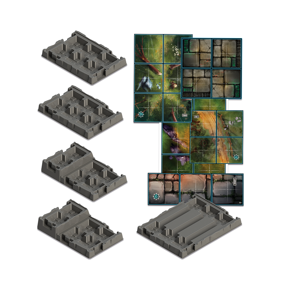 Chronicles of Drunagor: Age of Darkness - Build Your Own Dungeon (PREORDER) - Gray modular dungeon room pieces made of plastic with detailed wall and floor textures, accompanied by colorful square.