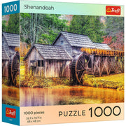 Puzzle: National Parks Shenandoah 1000 Piece - 1000-piece puzzle box featuring a colorful autumn scene of a wooden watermill by a pond in Shenandoah National Park.