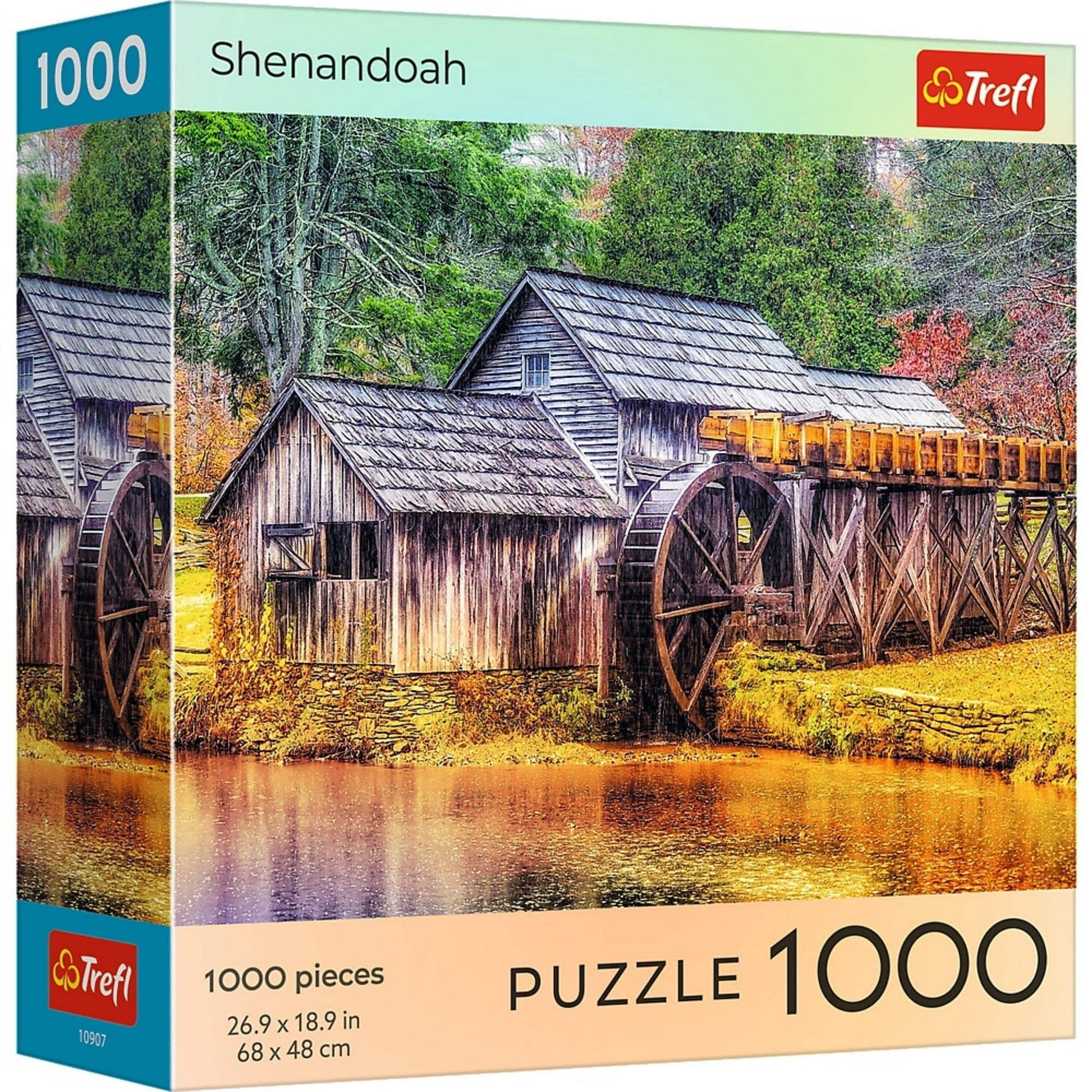 Puzzle: National Parks Shenandoah 1000 Piece - 1000-piece puzzle box featuring a colorful autumn scene of a wooden watermill by a pond in Shenandoah National Park.