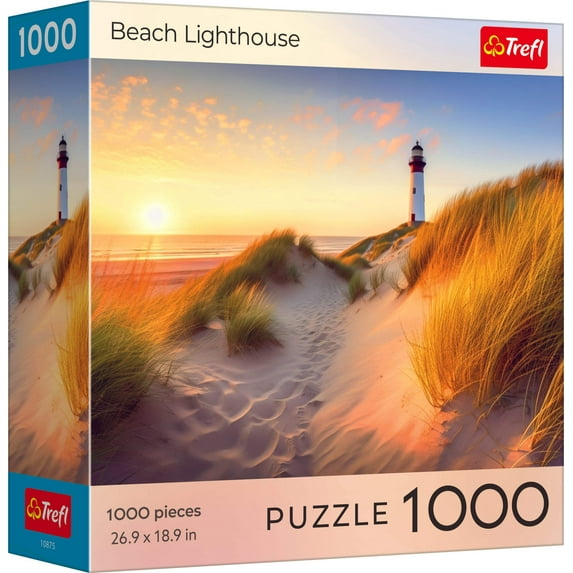 Puzzle: Sunsets Beach Lighthouse 1000 Piece - 1000-piece puzzle box featuring a sunset beach scene with a lighthouse and sand dunes with tall grasses.