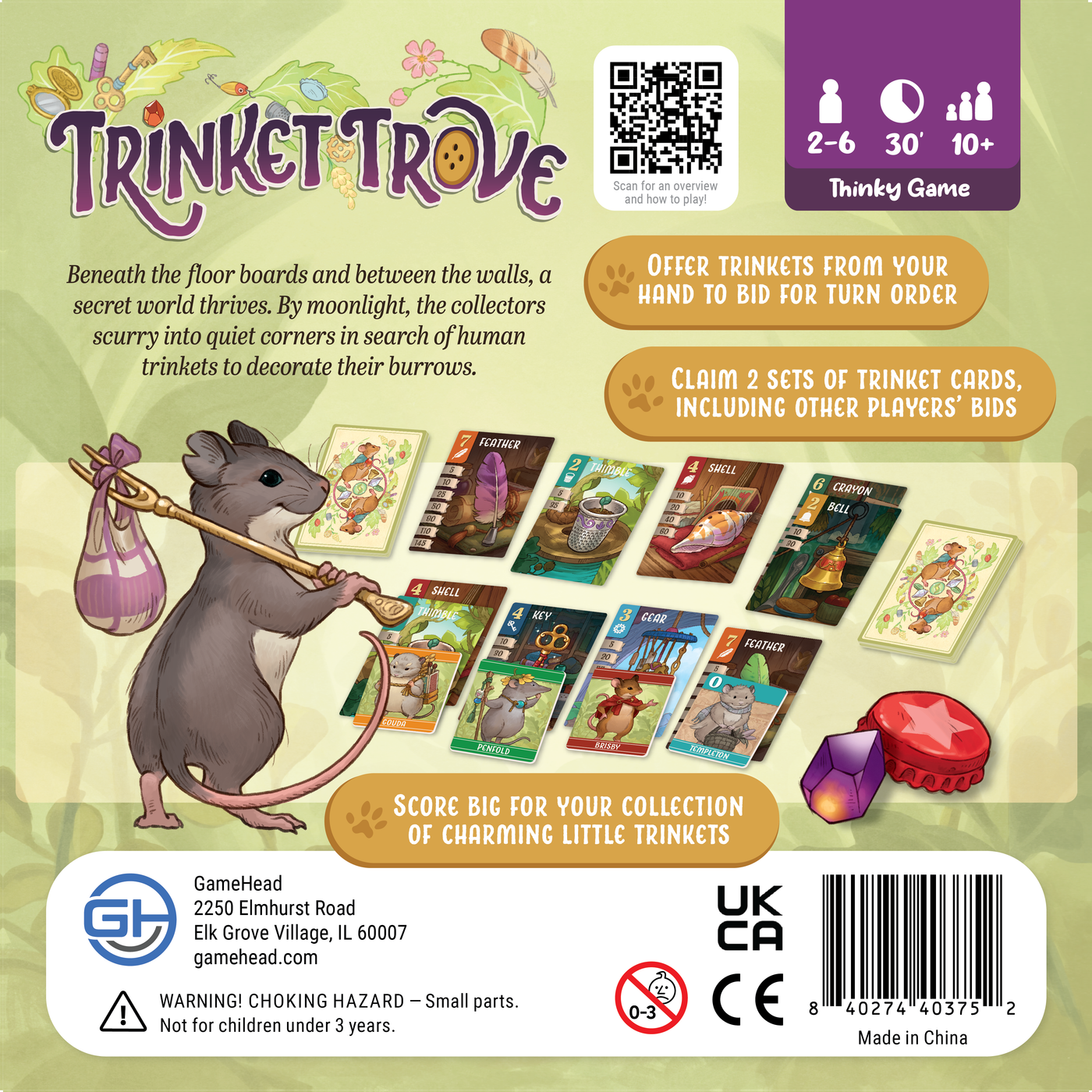 Trinket Trove - Trinket Trove card game box with colorful animal illustrations and vibrant illustrated cards displayed in front.