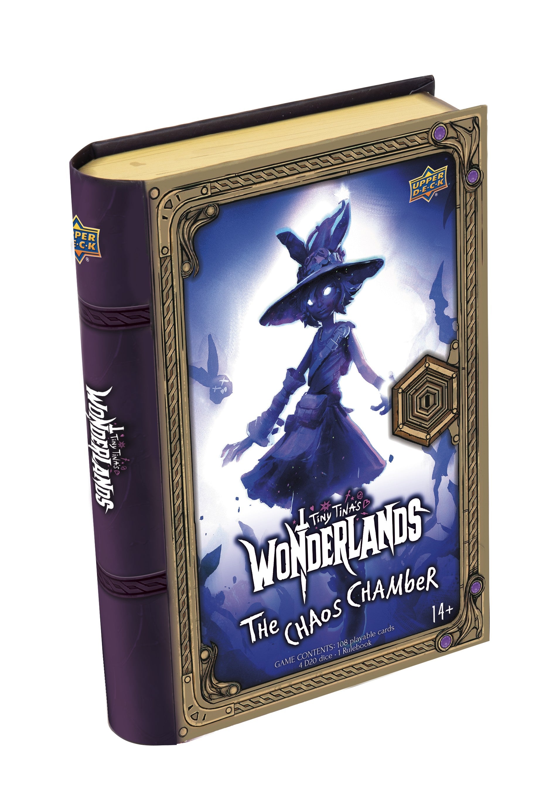 Upper Deck Tiny Tina's Wonderlands: The Chaos Chamber - Dark purple hardcover game box featuring a witch character silhouette and gold ornate frame detailing.