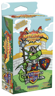 Neopets Battledome - Champions of Meridell - Starter Deck - Colorful rectangular box featuring green cartoon warrior character with a spear and shield, titled "Battledome Champions of.