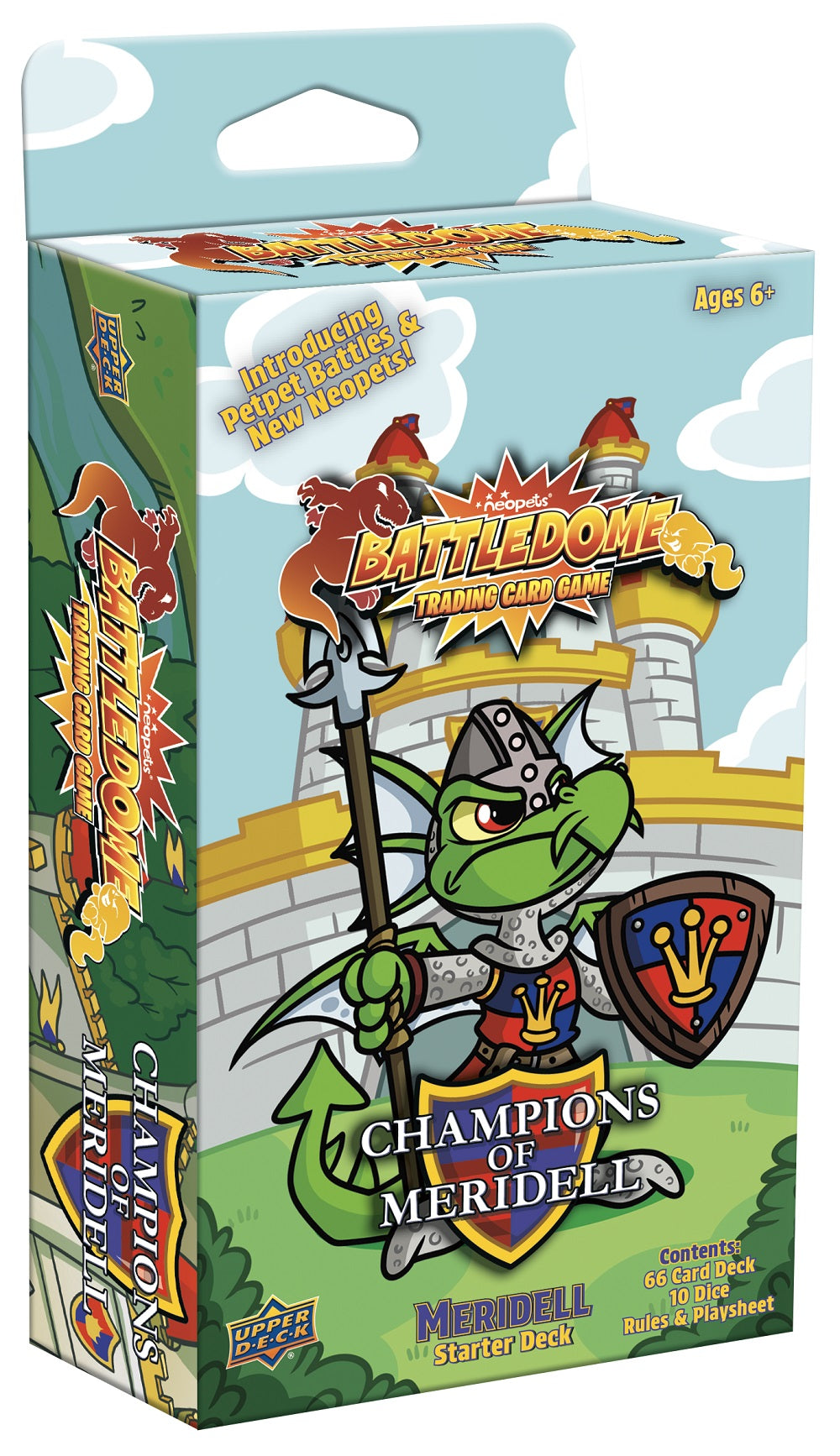 Neopets Battledome - Champions of Meridell - Starter Deck - Colorful rectangular box featuring green cartoon warrior character with a spear and shield, titled "Battledome Champions of.