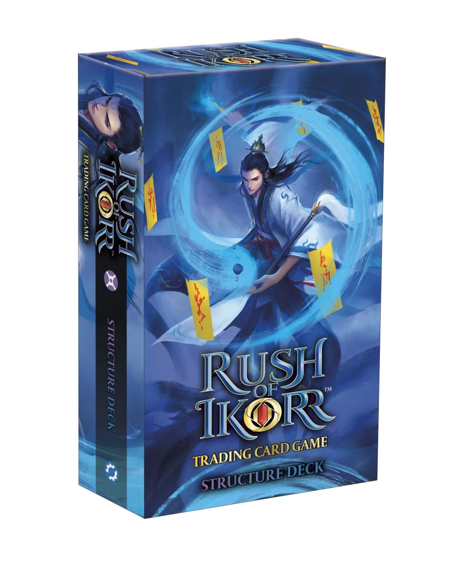 Rush of Ikorr: Act 1 Part 2 - Epic Journey Starter Deck (PREORDER) - Blue rectangular box for Rush of Ikorr trading card game with dynamic female character casting magic and yellow cards.