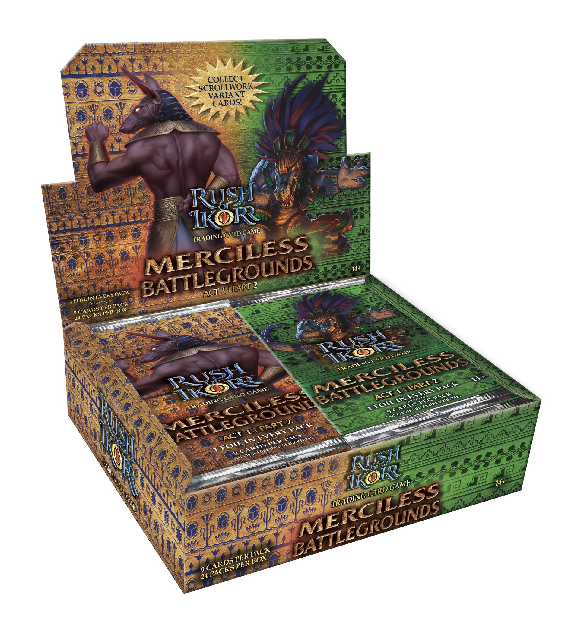 Rush of Ikorr: Act 1 Part 2 - Merciless Battlegrounds Booster Display - Green and brown collector card booster display box with fantasy warrior artwork for Merciless Battlegrounds expansion.