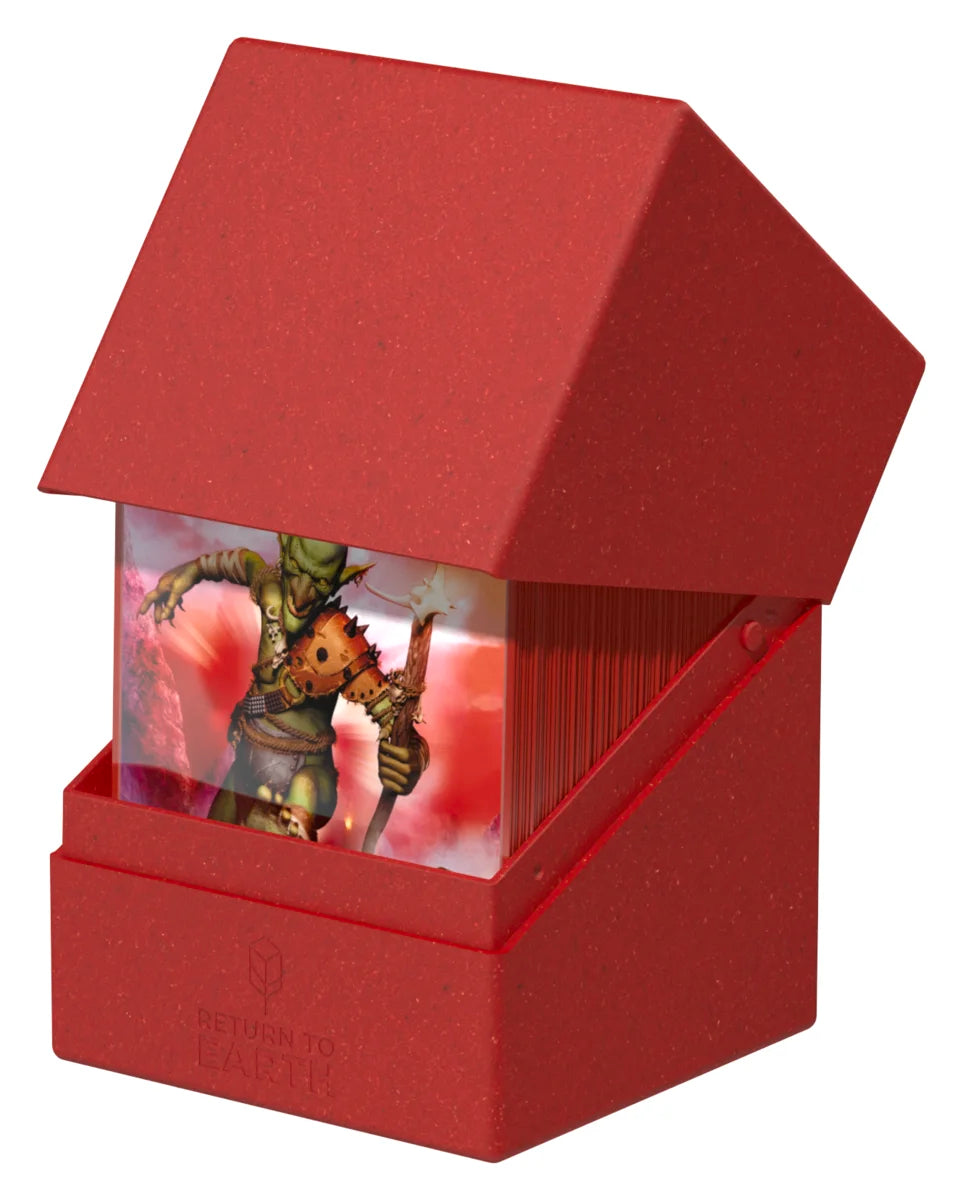 Ultimate Guard Boulder 100+ Return to Earth - Red - Red foldable storage box with angled lid and transparent section showing fantasy character artwork.