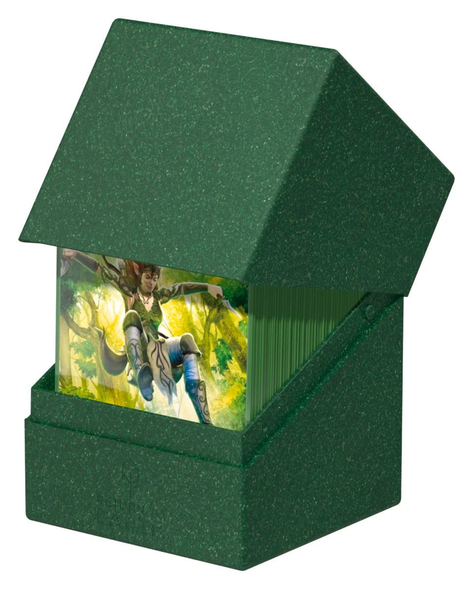 Ultimate Guard Boulder 100+ Return to Earth - Green - Green textured storage box with angled lid, holding illustrated card sleeves featuring fantasy artwork.