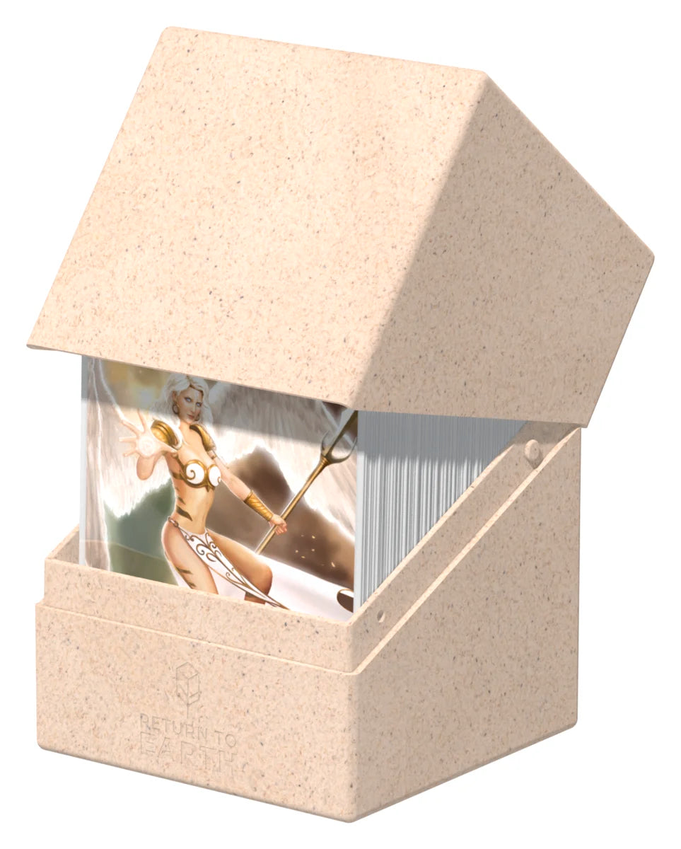 Ultimate Guard Boulder 100+ Return to Earth - Natural - Natural beige textured card deck box with angled lid, holding clear card sleeves with illustrated cards inside.