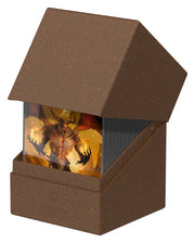 Ultimate Guard Boulder 100+ Return to Earth - Brown - Brown textured card deck box with a partially open lid revealing fantasy-themed playing cards inside.