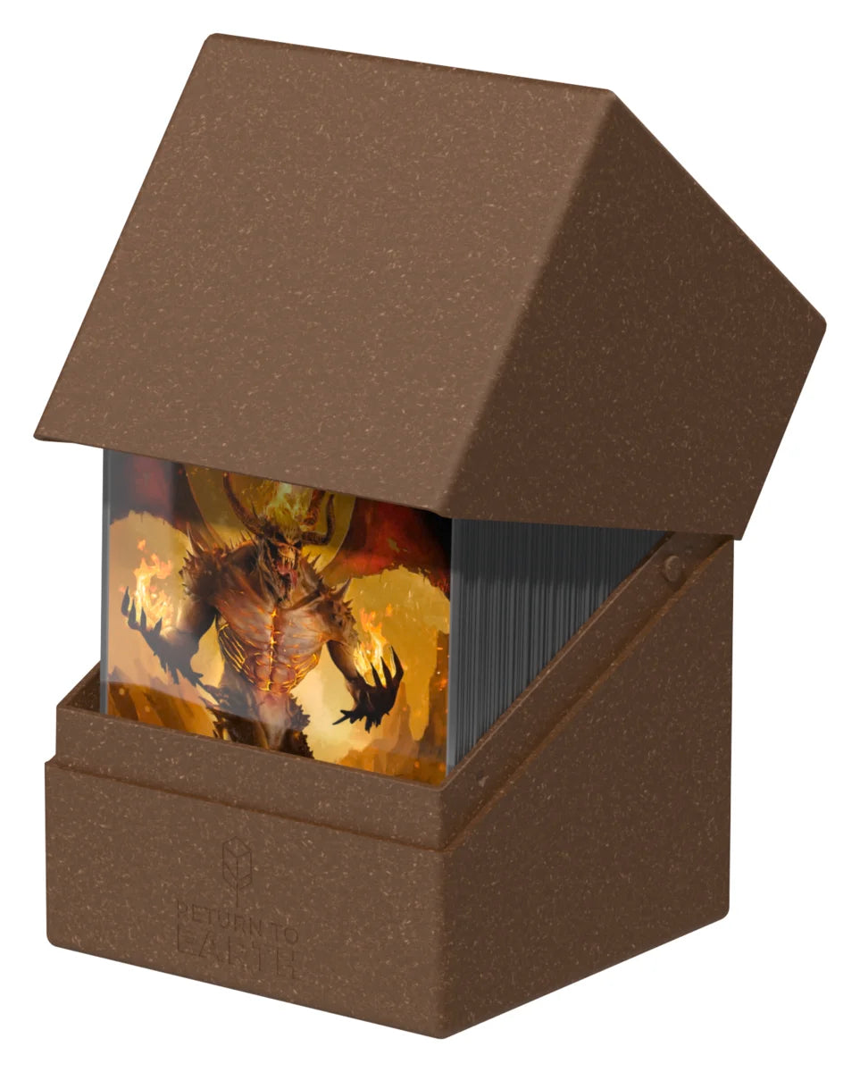 Ultimate Guard Boulder 100+ Return to Earth - Brown - Brown textured card deck box with a partially open lid revealing fantasy-themed playing cards inside.