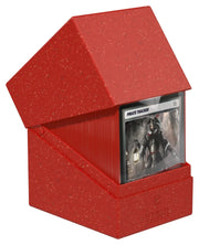 Ultimate Guard Return to Earth 133+ Boulder - Red - Red textured plastic deck box with slanted lid open, holding trading card sleeves inside.