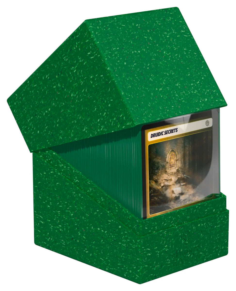 Ultimate Guard Return to Earth 133+ Boulder - Green - Green textured deck box with angled lid and clear window showing fantasy art inside.