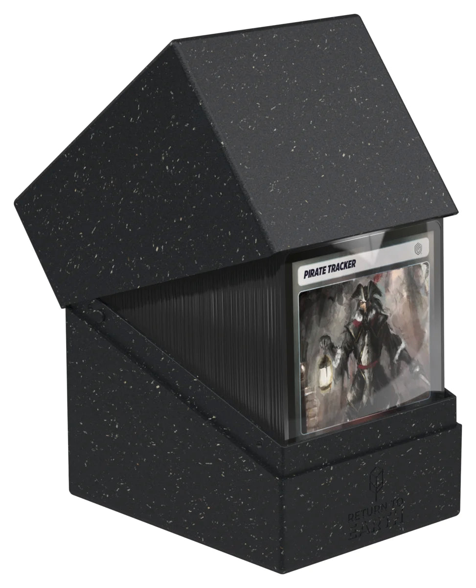Ultimate Guard Return to Earth 133+ Boulder - Black - Black speckled triangular deck box with a clear window displaying a card inside.