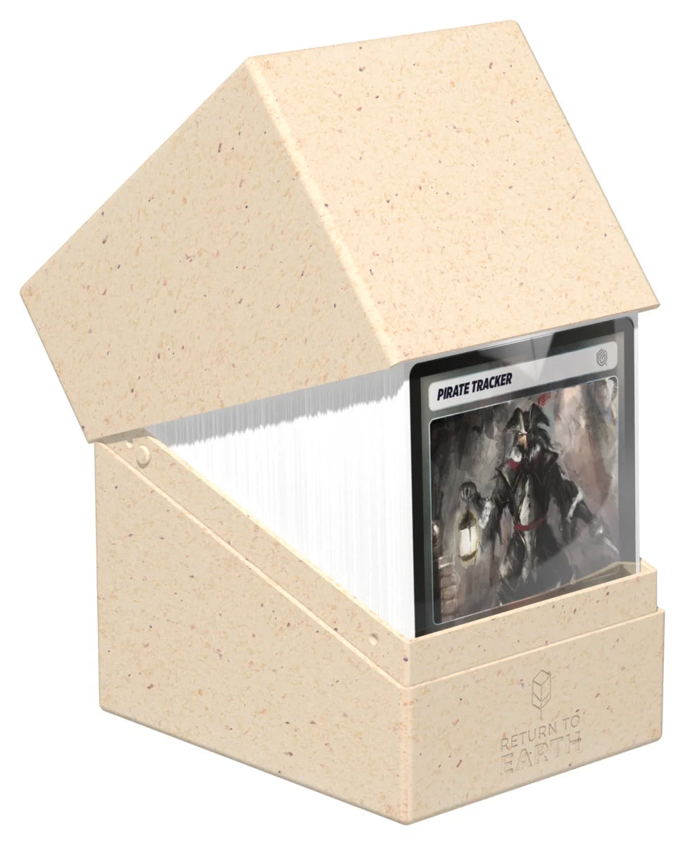 Ultimate Guard Return to Earth 133+ Boulder - Natural - Beige speckled rectangular deck box with angled lid, holding vertically displayed card sleeves inside.