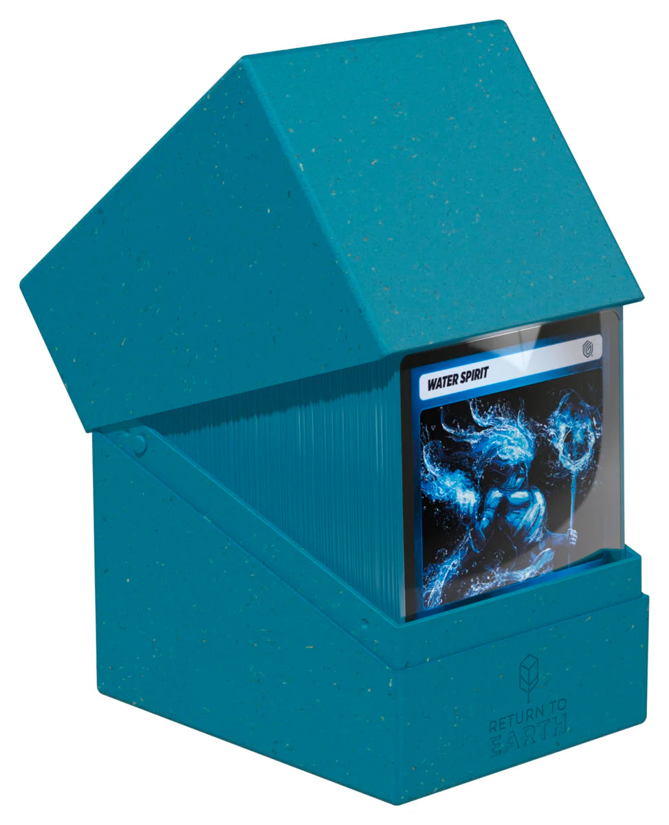 Ultimate Guard Return to Earth 133+ Boulder - Petrol - Petrol blue deck box with a textured surface and angled lid holding a card deck with fantasy artwork.