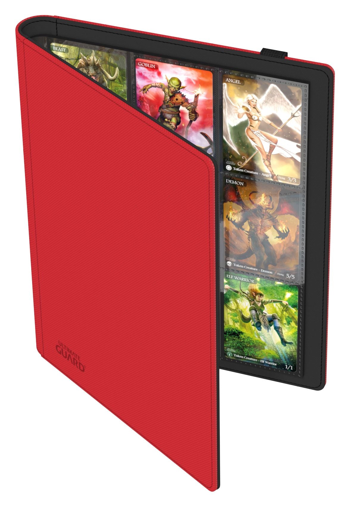 Ultimate Guard 18-Pocket Flexxfolio XenoSkin - Red - Red Ultimate Guard 18-pocket Flexxfolio XenoSkin card binder with clear sleeves displaying trading cards.