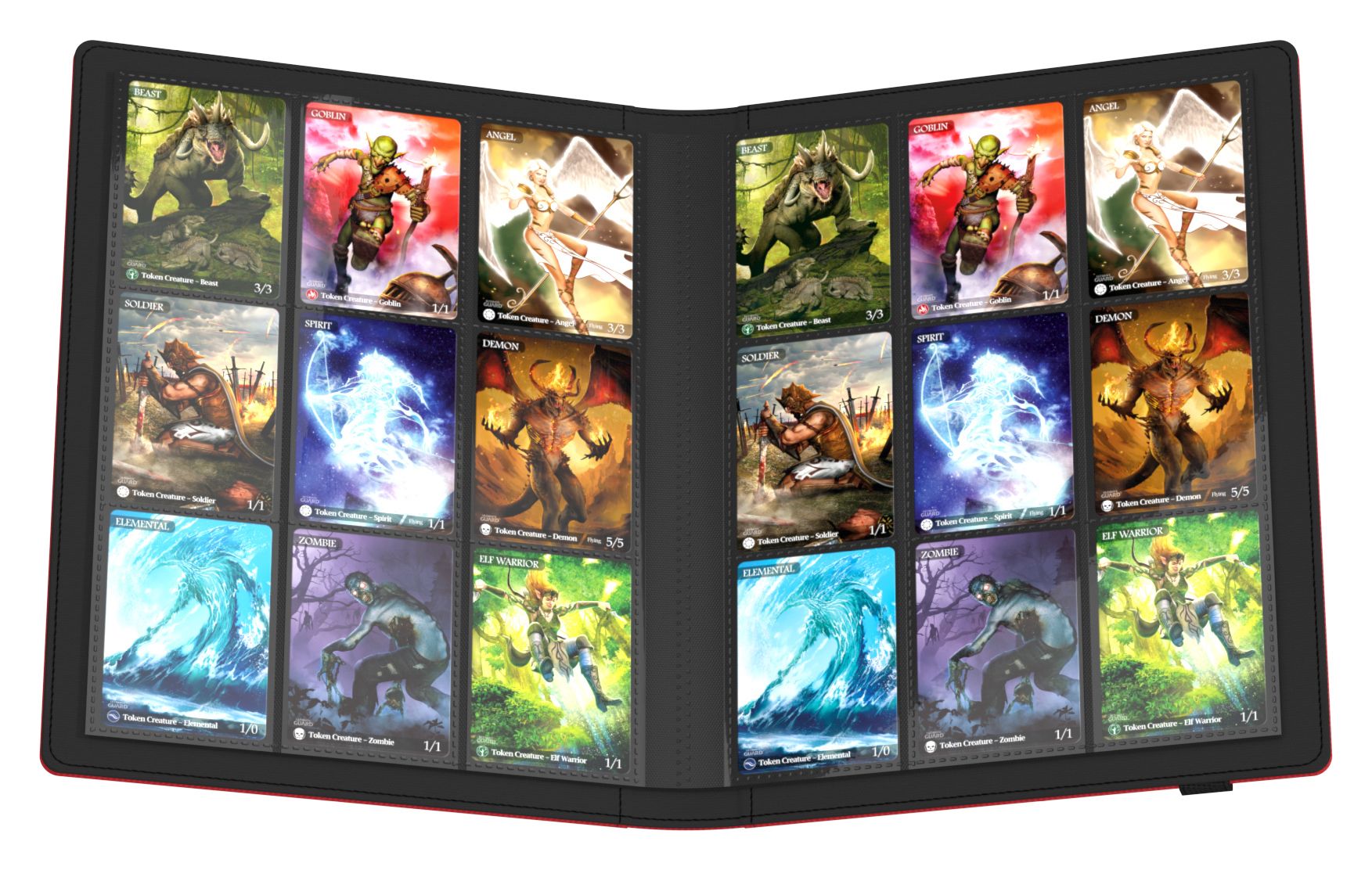 Ultimate Guard 18-Pocket Flexxfolio XenoSkin - Red - Red Ultimate Guard 18-pocket Flexxfolio XenoSkin binder open with collectible card sleeves holding fantasy-themed cards.