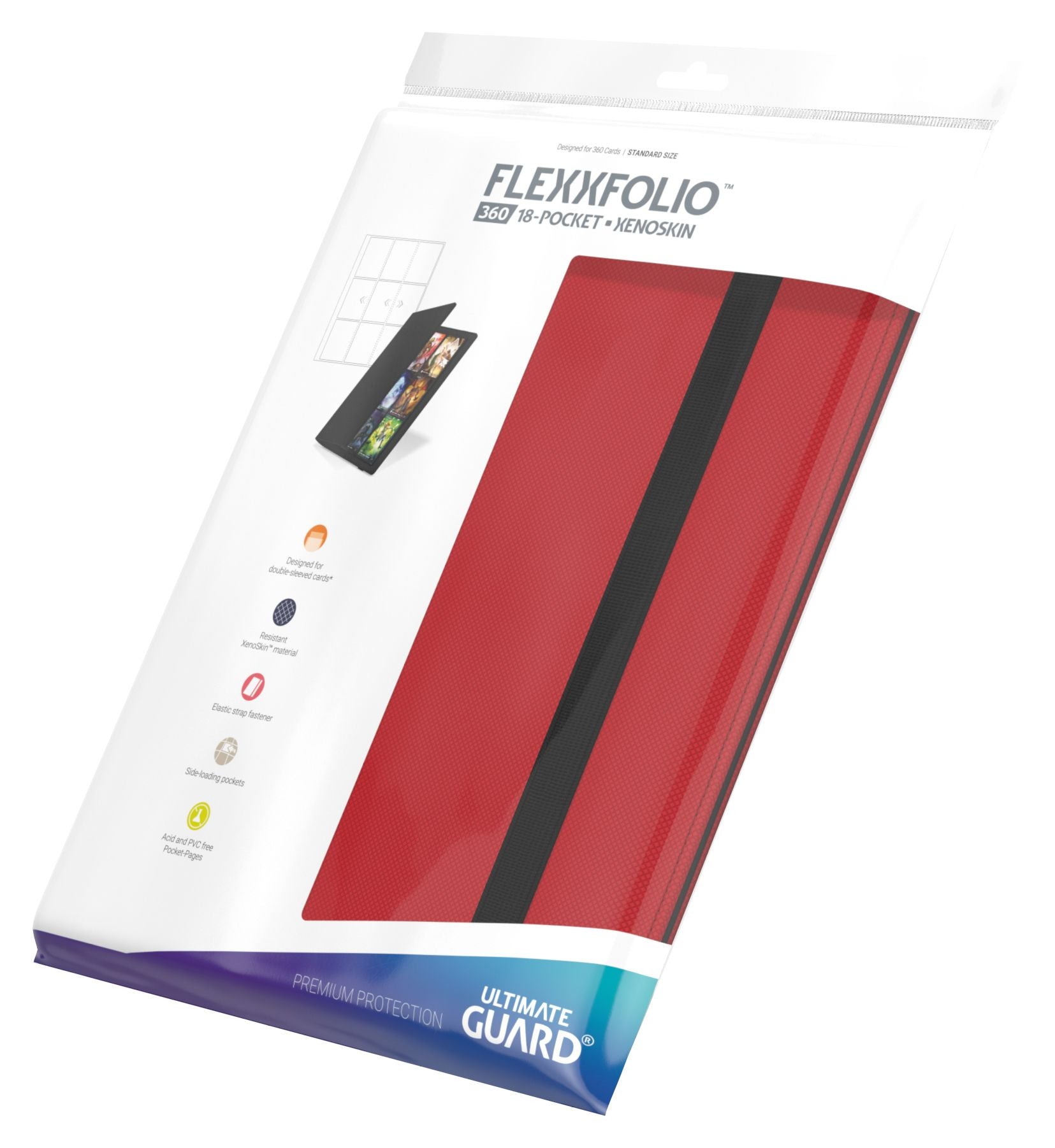 Ultimate Guard 18-Pocket Flexxfolio XenoSkin - Red - Red Ultimate Guard 18-pocket Flexxfolio XenoSkin binder with black elastic strap in retail packaging.