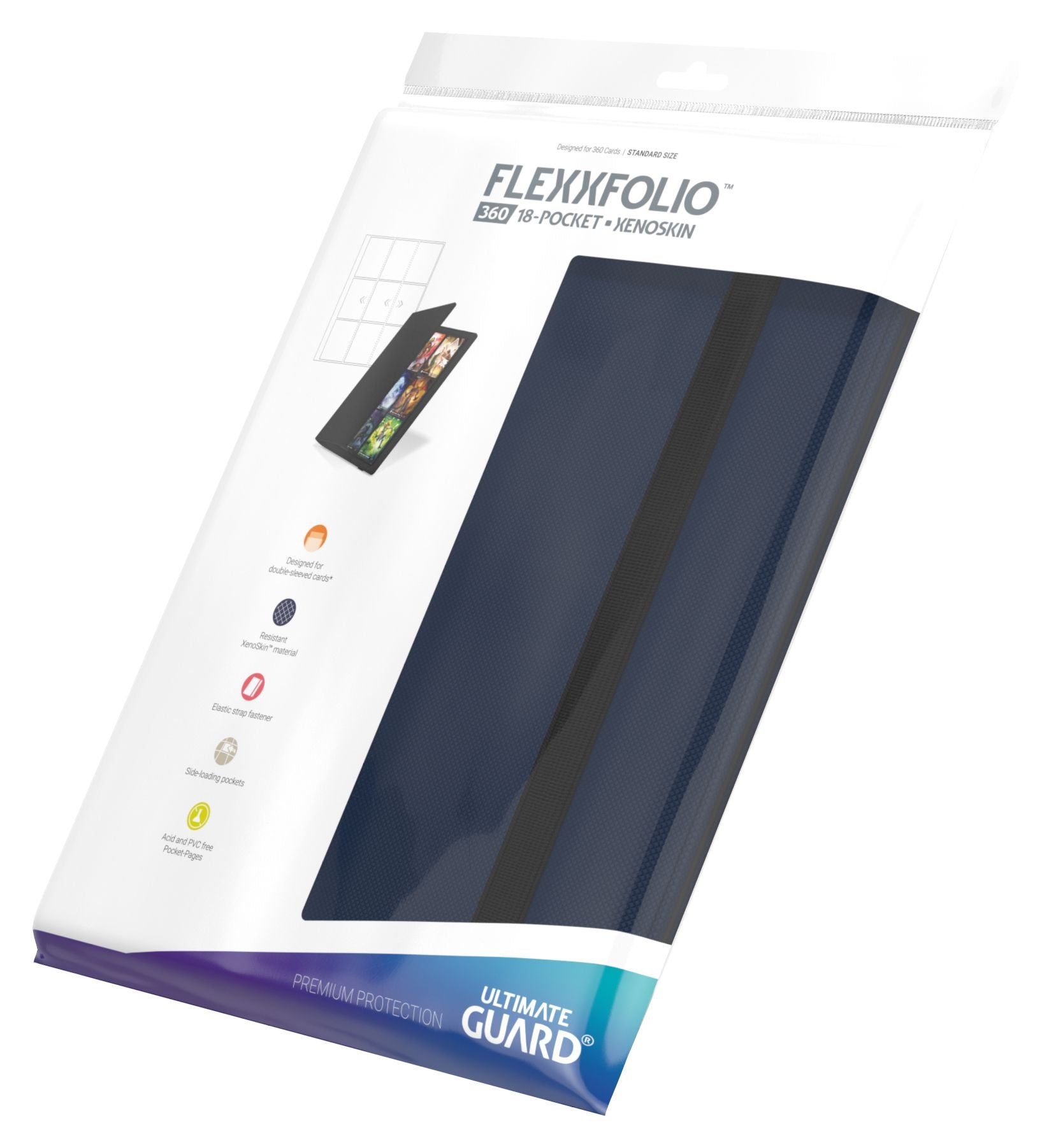 Ultimate Guard 18-Pocket Flexxfolio XenoSkin - Blue - Blue Ultimate Guard 18-pocket Flexxfolio with XenoSkin cover in clear retail packaging.