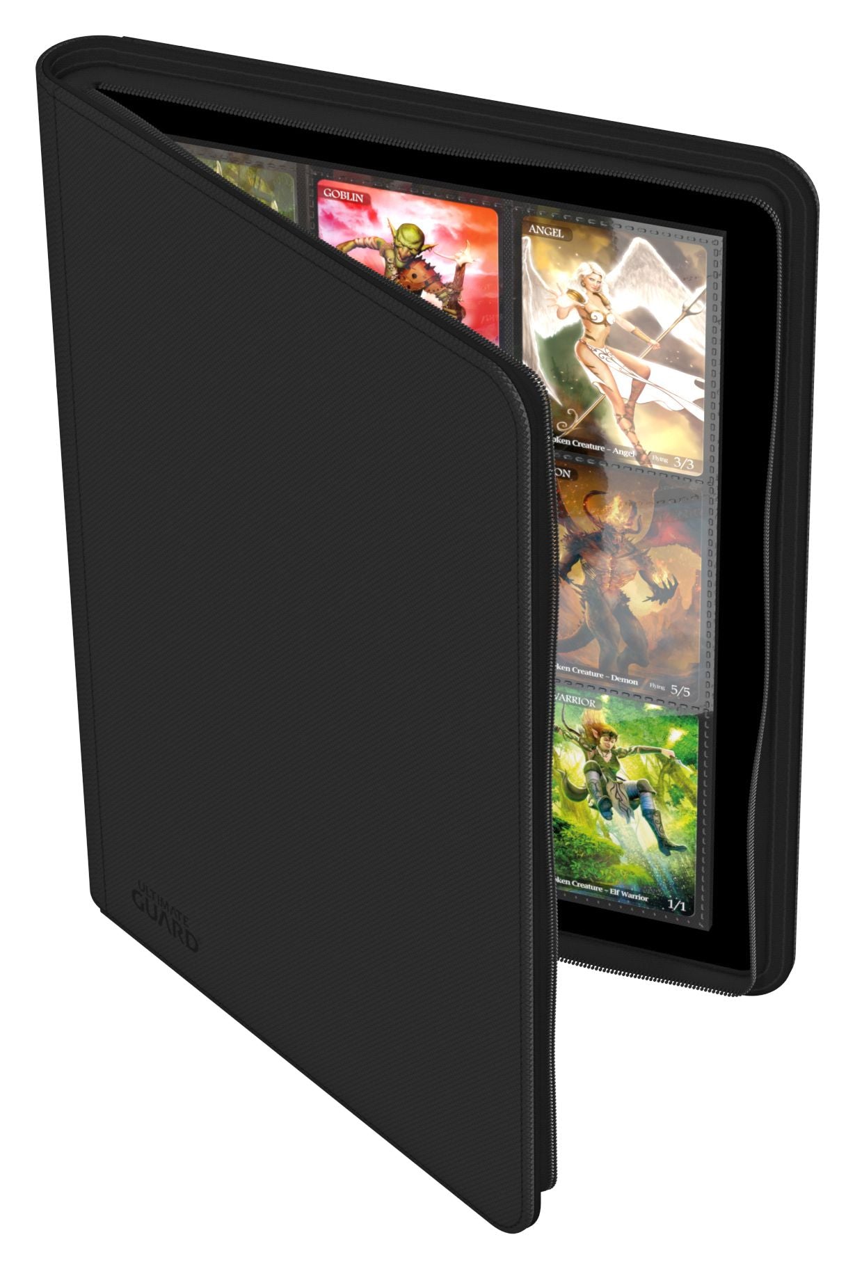 Ultimate Guard 18-Pocket Zipfolio XenoSkin - Black - Black zipfolio with transparent pockets showing colorful fantasy game cards inside.