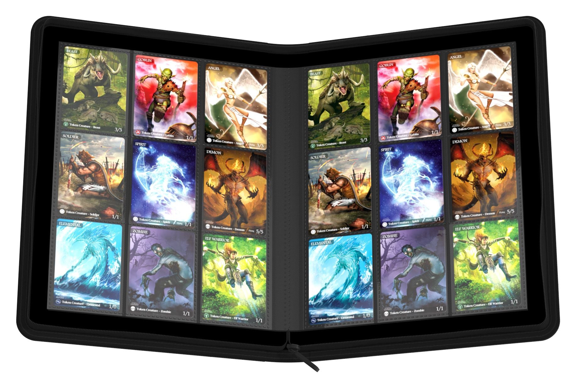 Ultimate Guard 18-Pocket Zipfolio XenoSkin - Black - Black zipfolio binder open to display 18 clear plastic pockets filled with colorful trading cards.