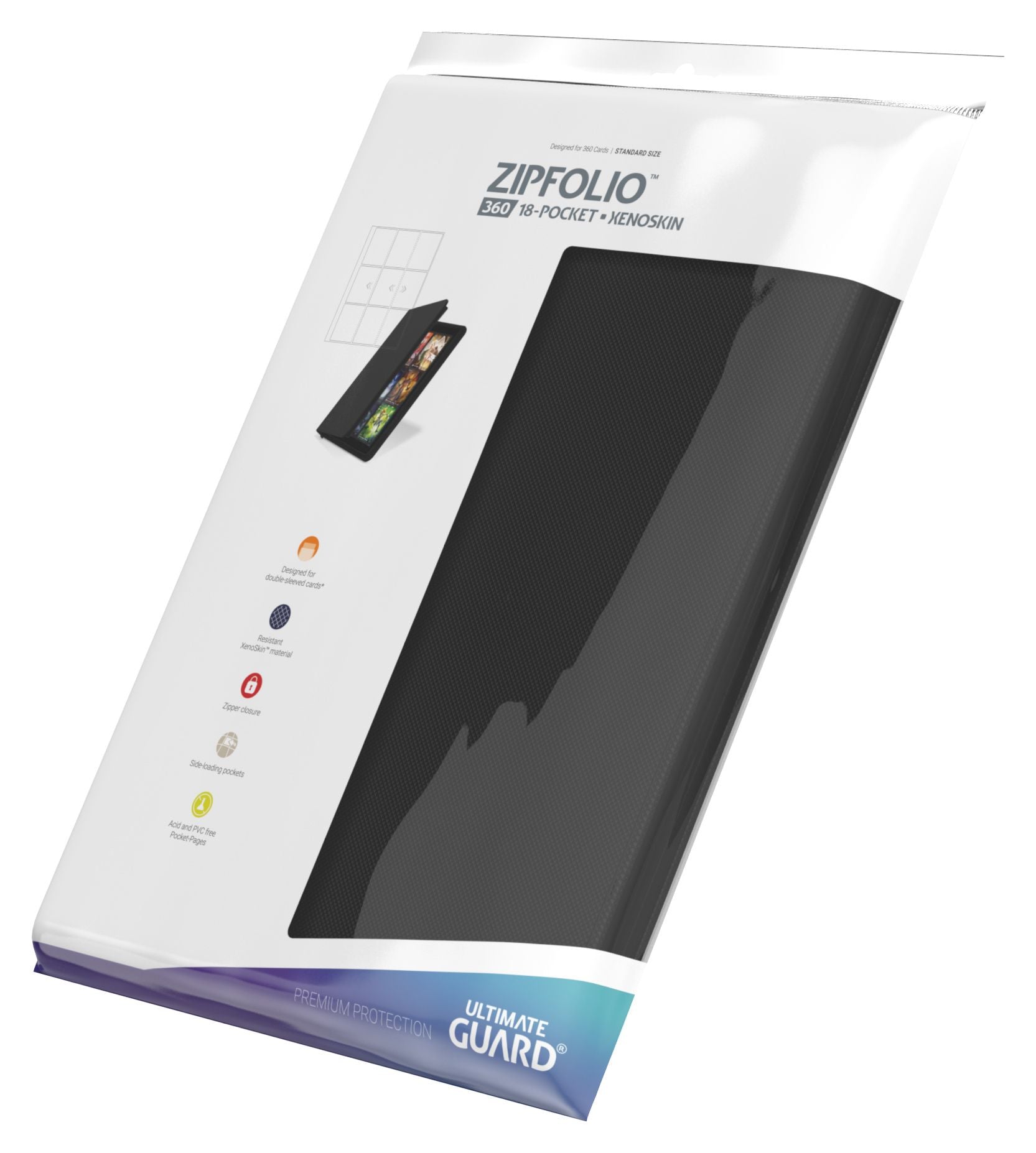 Ultimate Guard 18-Pocket Zipfolio XenoSkin - Black - Black zippered card holder with a smooth, matte finish and slim rectangular shape in retail packaging.