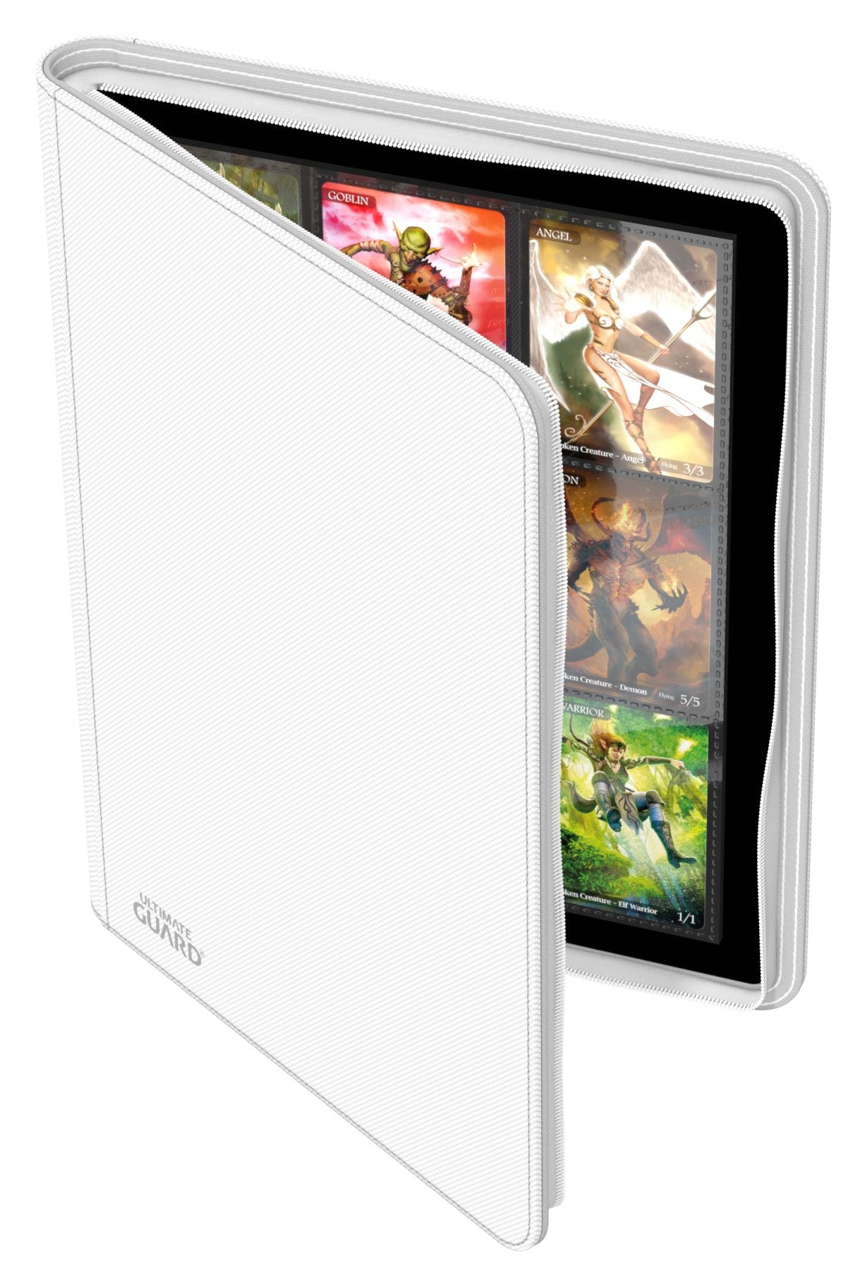 Ultimate Guard 18-Pocket Zipfolio XenoSkin - White - White zippered card binder with a smooth, sleek cover and clear pockets inside displaying collectible cards.