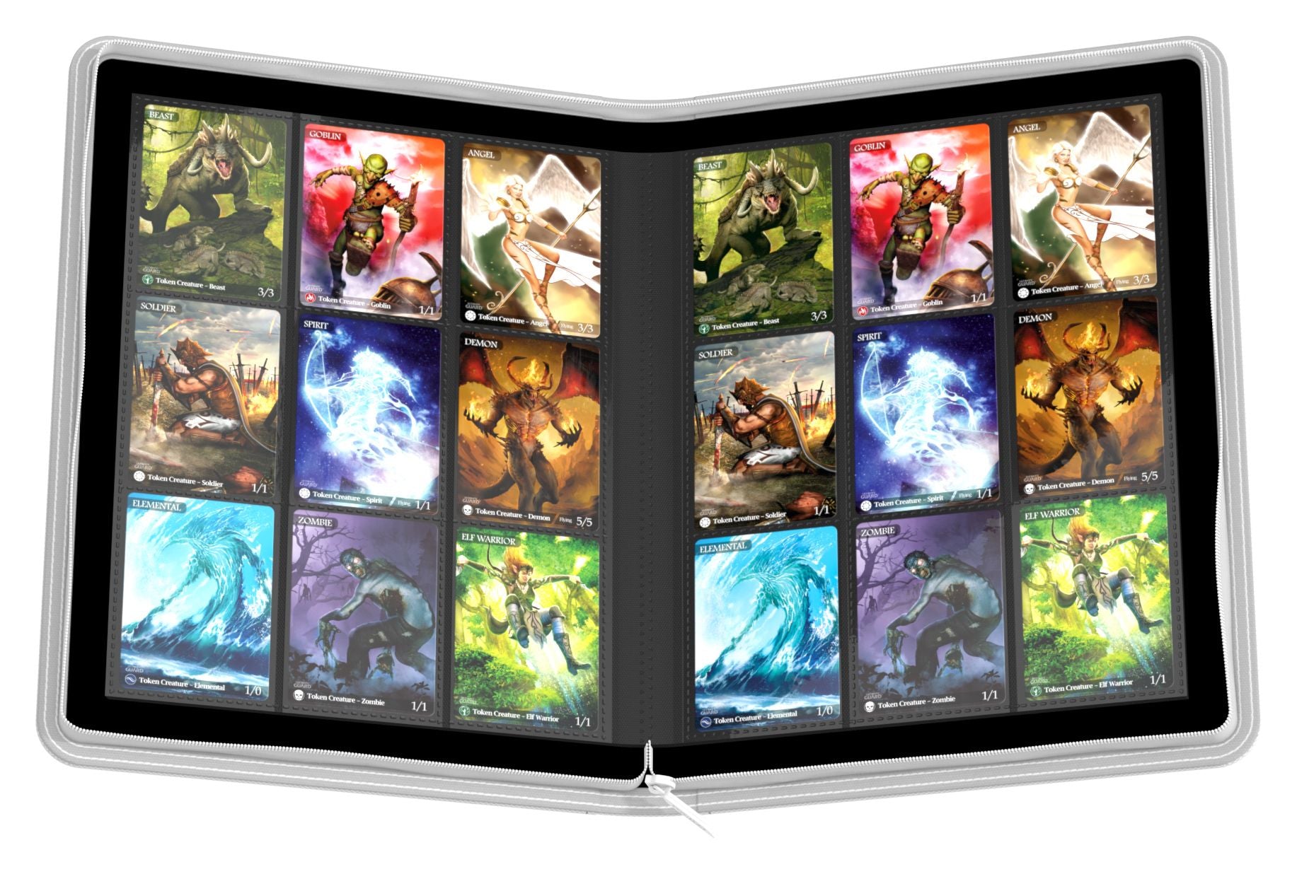 Ultimate Guard 18-Pocket Zipfolio XenoSkin - White - White zipfolio binder with 18 clear plastic pockets holding colorful trading cards, slim design with black interior edges.