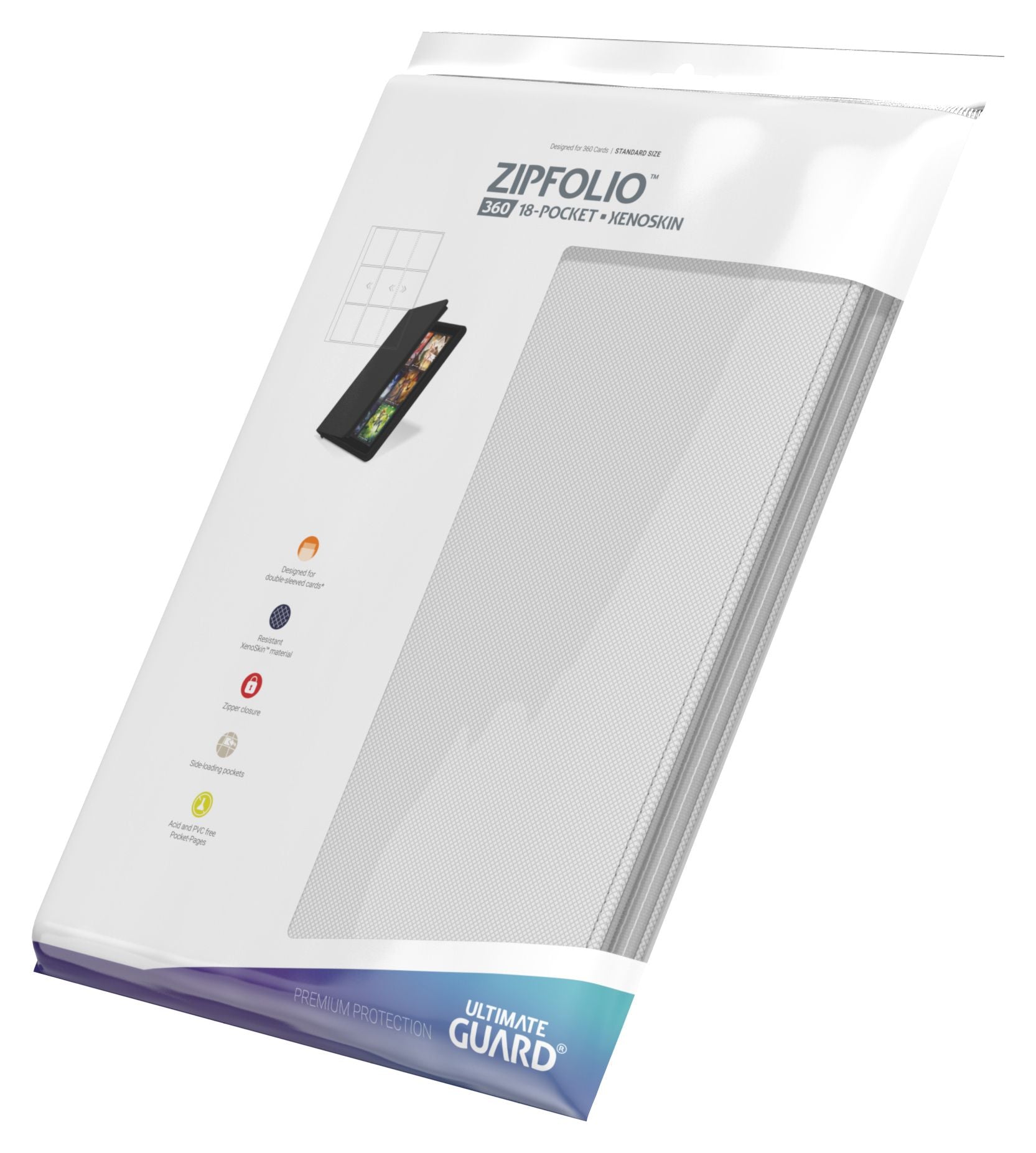 Ultimate Guard 18-Pocket Zipfolio XenoSkin - White - White zipfolio with 18 clear pockets, smooth XenoSkin textured cover, slim rectangular design.