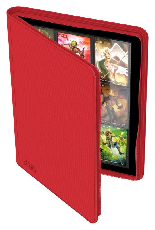 Ultimate Guard 18-Pocket Zipfolio XenoSkin - Red - Red zippered card binder with textured synthetic cover and transparent 18-pocket sleeves inside.