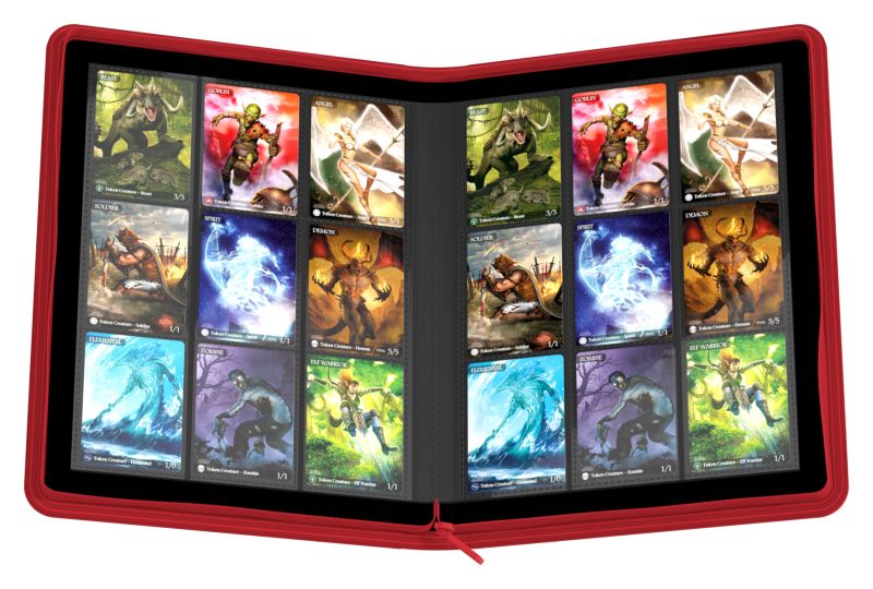 Ultimate Guard 18-Pocket Zipfolio XenoSkin - Red - Red zippered card binder open to show 18 clear plastic pockets filled with collectible cards.