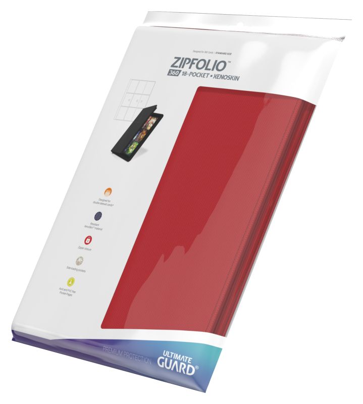 Ultimate Guard 18-Pocket Zipfolio XenoSkin - Red - Red zippered folio with a smooth, glossy finish and slim rectangular shape in clear packaging.