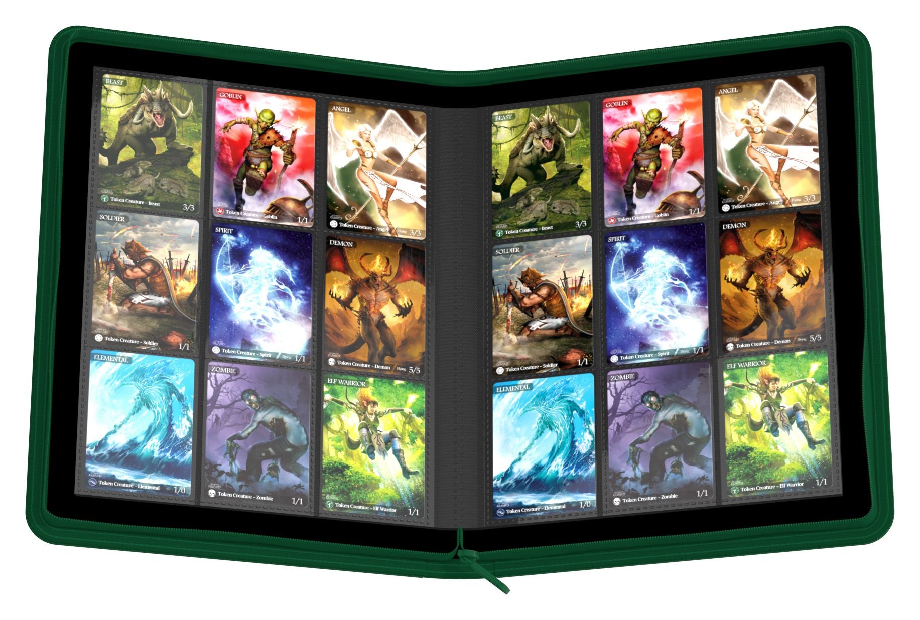 Ultimate Guard 18-Pocket Zipfolio XenoSkin - Green - Green zippered card binder open to show 18 clear pockets filled with collectible trading cards.