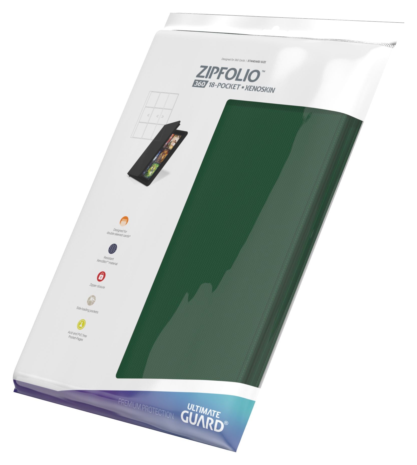 Ultimate Guard 18-Pocket Zipfolio XenoSkin - Green - Green smooth-finish zippered card binder with 18 pockets and compact rectangular shape.
