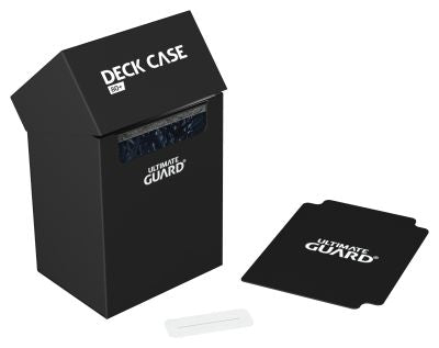 Ultimate Guard 80+ Deck Case - Black - Black rectangular deck case with a flip-top lid, featuring white Ultimate Guard logo and included card sleeves.