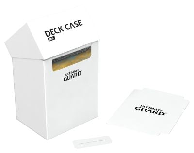 Ultimate Guard 80+ Deck Case - White - White rectangular Ultimate Guard deck case with flip-top lid and matching card sleeves, designed to hold 80+ cards.