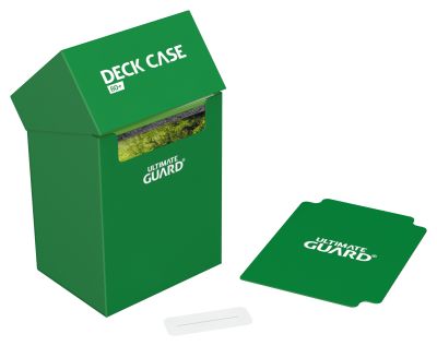 Ultimate Guard 80+ Deck Case - Green - Green rectangular deck case with hinged lid and white "Deck Case" text, includes matching card divider.