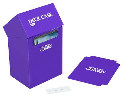 Ultimate Guard 80+ Deck Case - Purple - Purple rectangular deck box with angled lid, white "Deck Case" and "Ultimate Guard" logos, and card divider tray.