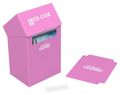 Ultimate Guard 80+ Deck Case - Pink - Bright pink rectangular deck case with a hinged lid, featuring "Deck Case" and "Ultimate Guard" white text, accompanied by a