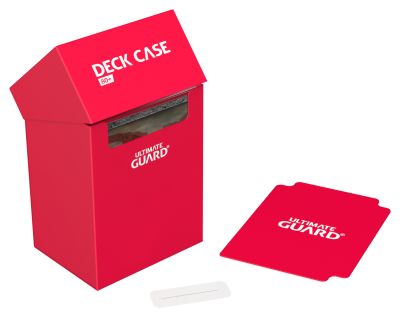 Ultimate Guard 80+ Deck Case - Red - Red rectangular card deck case with white Ultimate Guard logo, accompanied by matching red card sleeves displaying the same.
